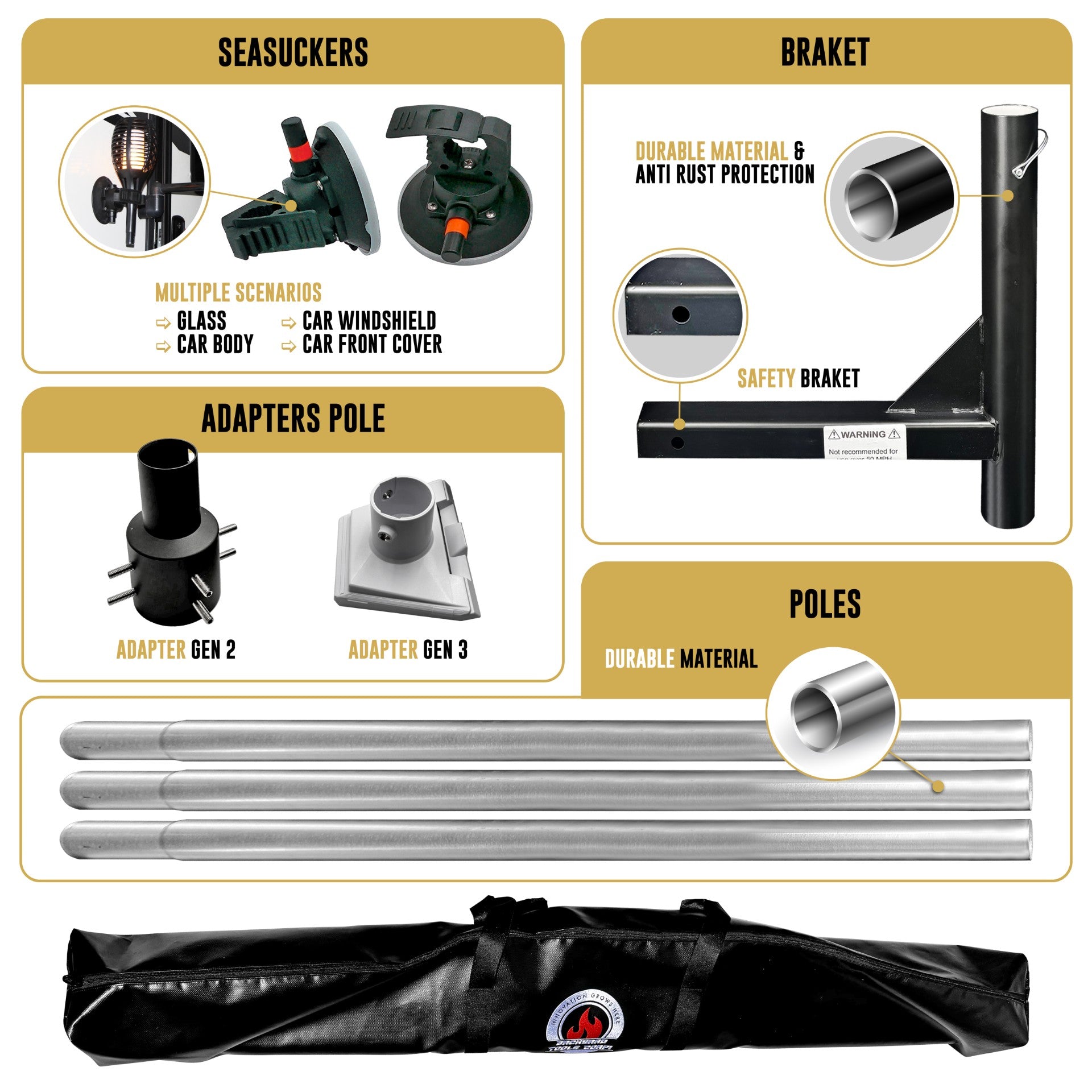 Satellite Mount Kit – 3 Extra-Tall Poles, Hitch Mount, Gen 2 Adapter & Travel Bag