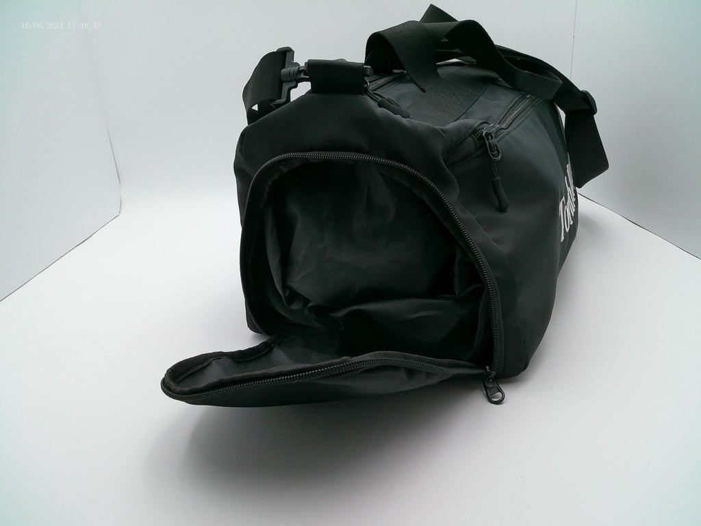Side view of black duffel bag on a white background